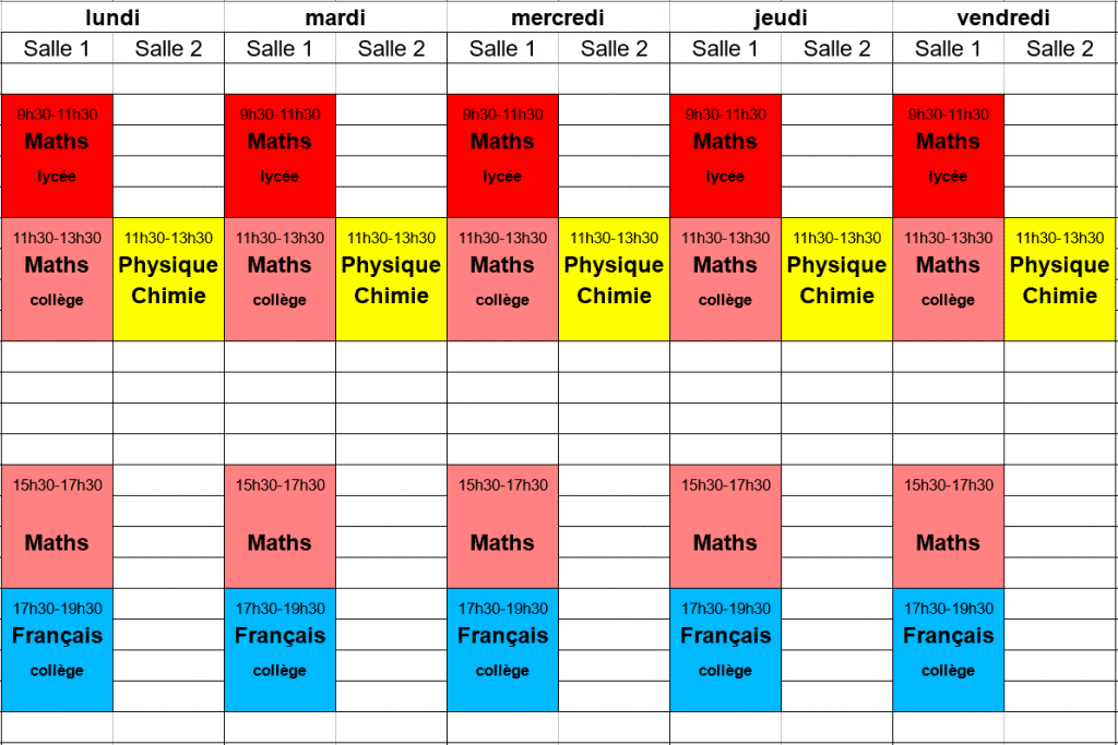 planning des stages de Toussaint 1ère semaine