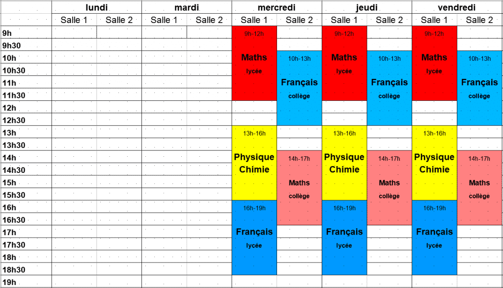 Exemple de planning des stages des vacances de Noël