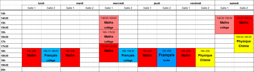 Le planning des cours hebdomadaires