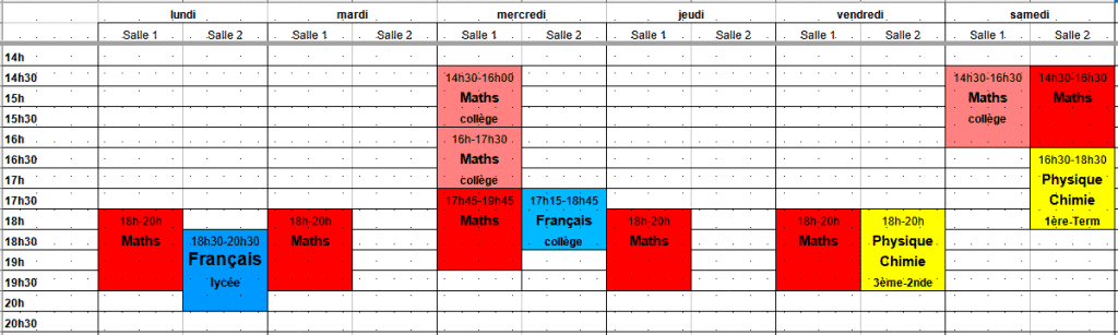 Le planning des cours hebdomadaires