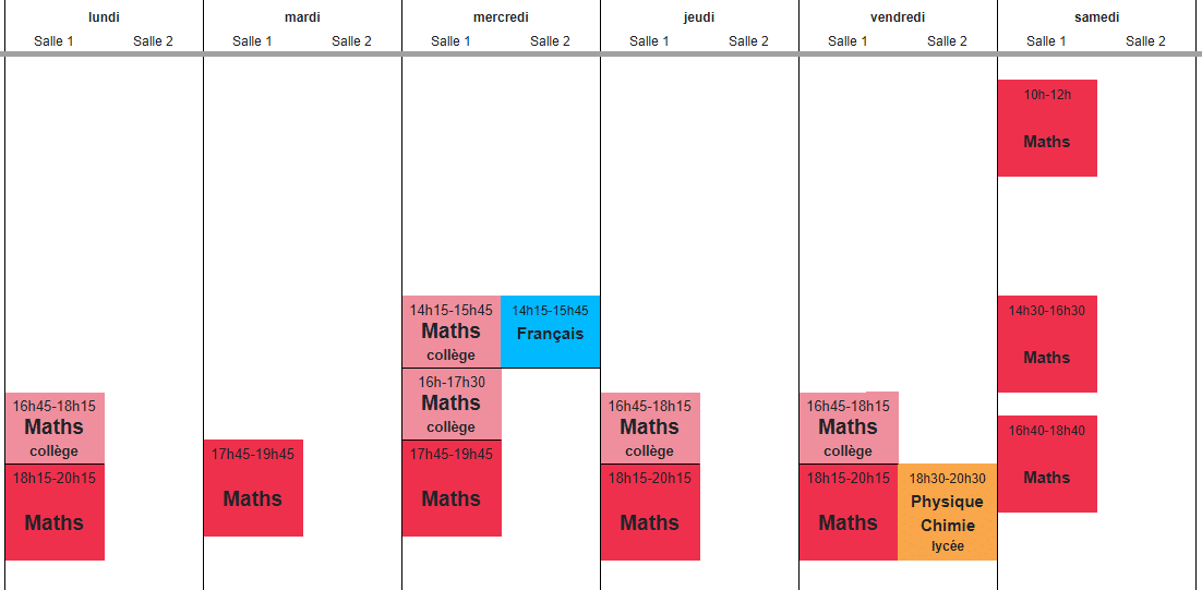 Planning des cours hebdomadaires de soutien scolaire à Paris 2026-2027 – maths, physique-chimie et français