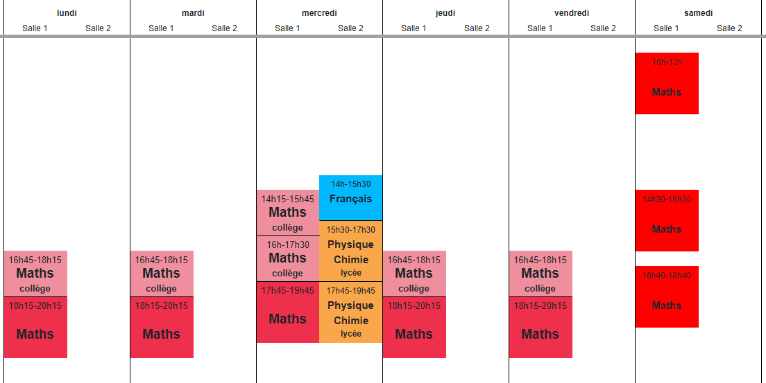 Planning des cours hebdomadaires de soutien scolaire à Paris 2026-2027 – maths, physique-chimie et français
